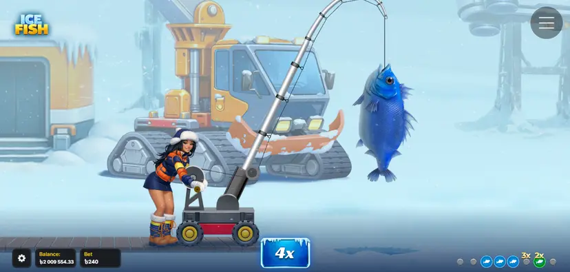 GlimPlayX gameplay: an angler on a frozen lake reeling in a blue fish at a 4x multiplier